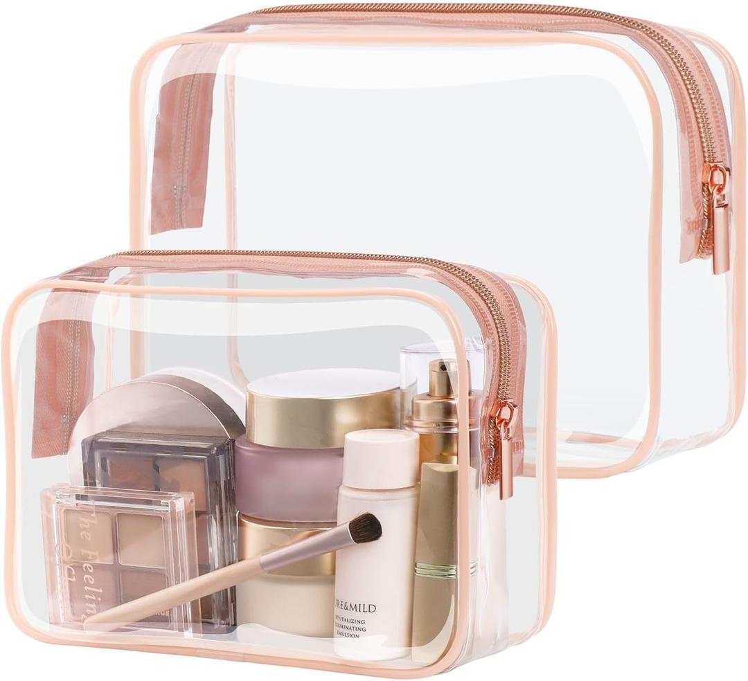 PACKISM TSA Approved Toiletry Bag 2 Pack - 1 Medium TSA Quart Carry-On & 1 Large for Checked Luggage, Water-resistant Clear Makeup Bag Clear Travel Bags for Toiletries, Rose Pink