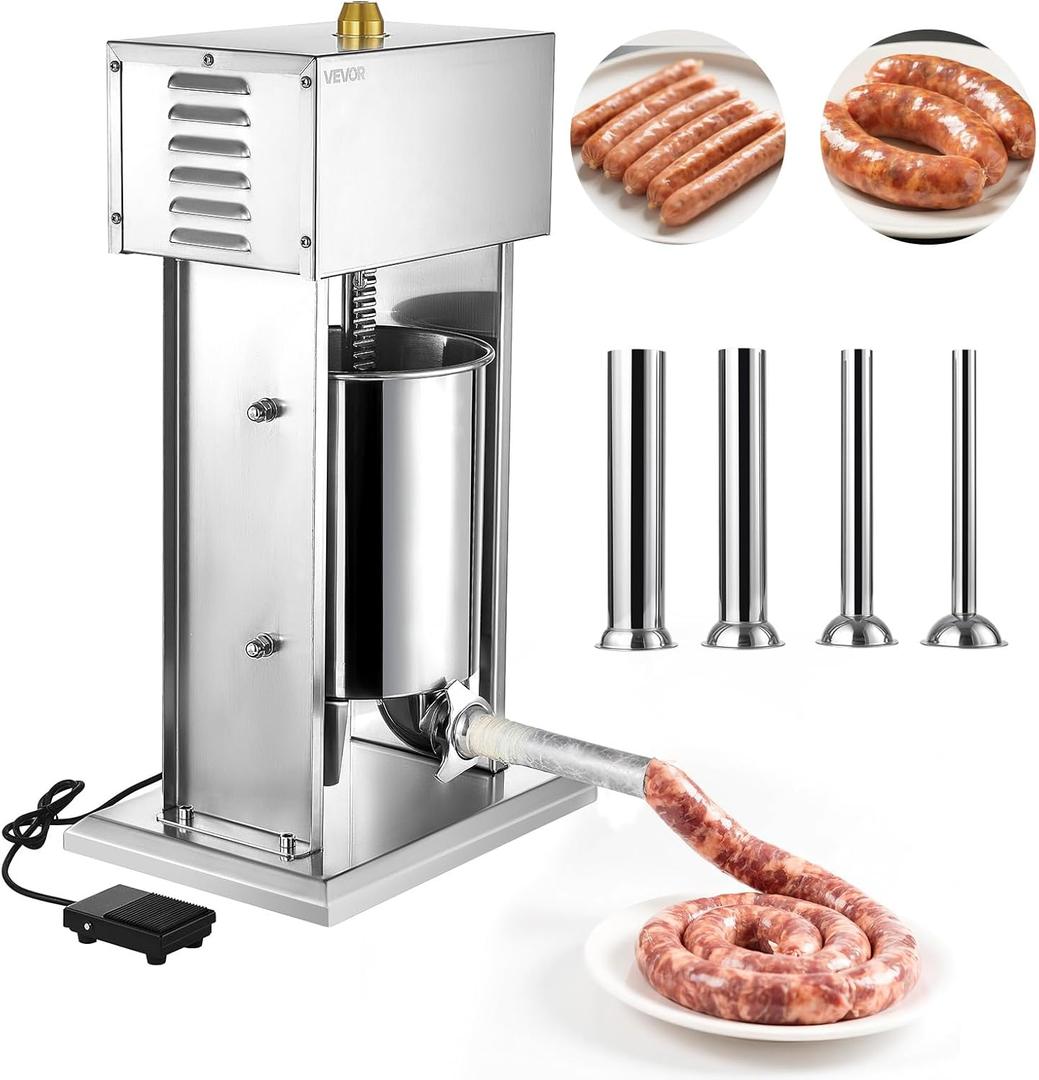 VEVOR Electric Sausage Stuffer, 22 LBS / 10 L Vertical Meat Stuffer, Stepless Speed Control and Foot Pedal, Stainless Steel Heavy Duty Sausage Filler with 4 Stuffing Tubes, for Commercial & Home Use