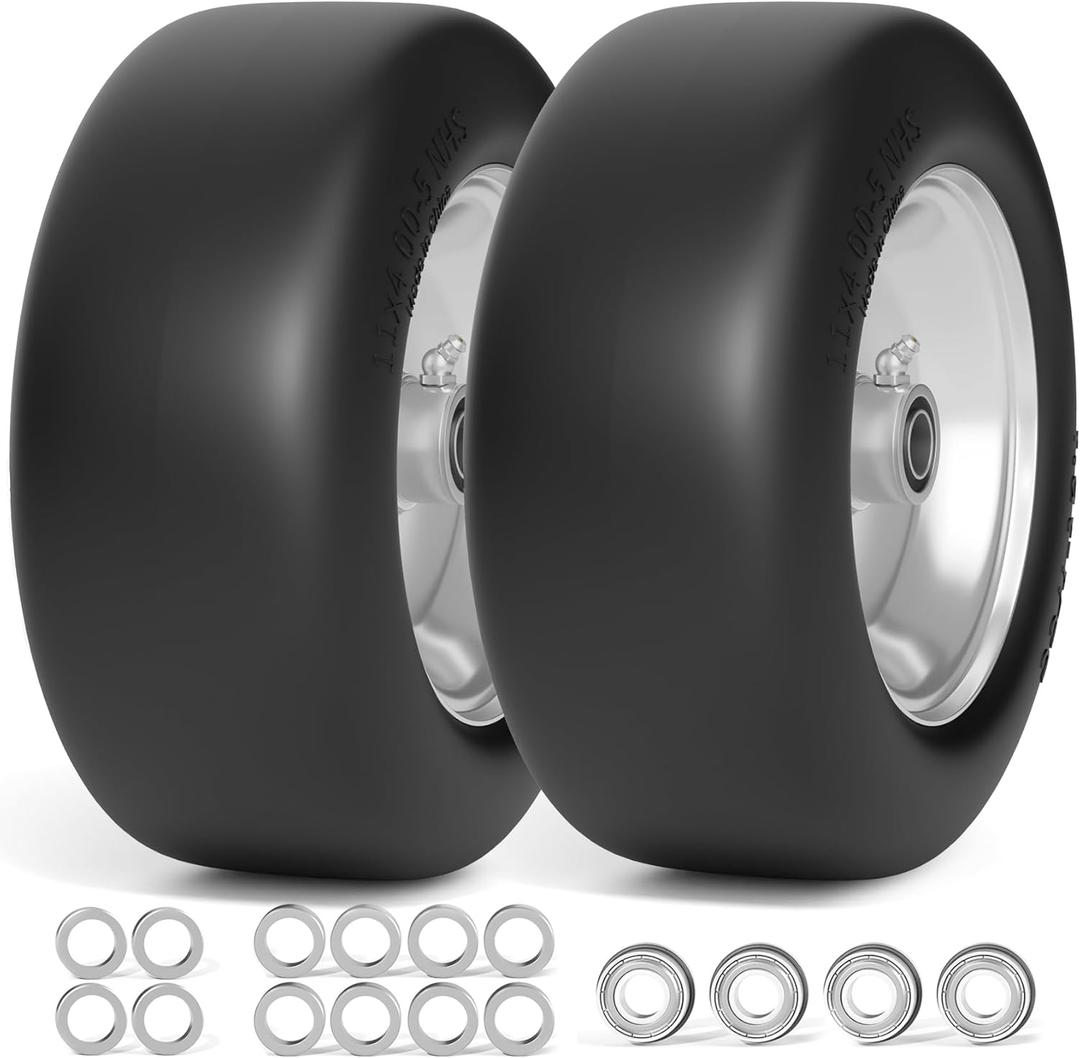 TEPU 11x4.00-5 Lawn Mower Tires Flat Free, Zero Turn Mower Front Tires, 11x4-5 Solid Tire With 3/4" and 5/8" Precision Bearing, 3.4"-5" Center Hub, 2Pack Gray, 350Lbs, For Residential and Commercial