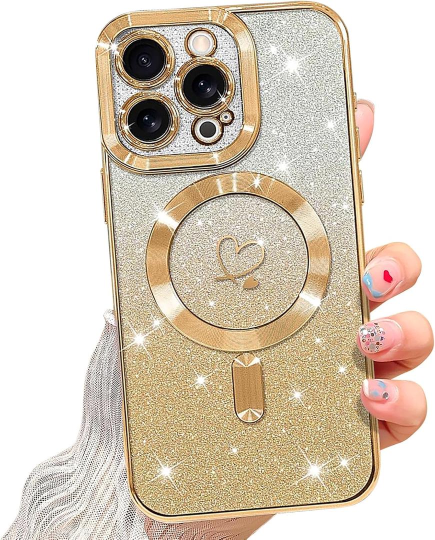 NITITOP Compatible with iPhone 16 Pro Max Case Cute Clear Glitter [Compatible for MagSafe] Plating Heart Sparkle Bling Magnetic Girl Women Electroplated Frame Camera Protection Back Cover - Gold