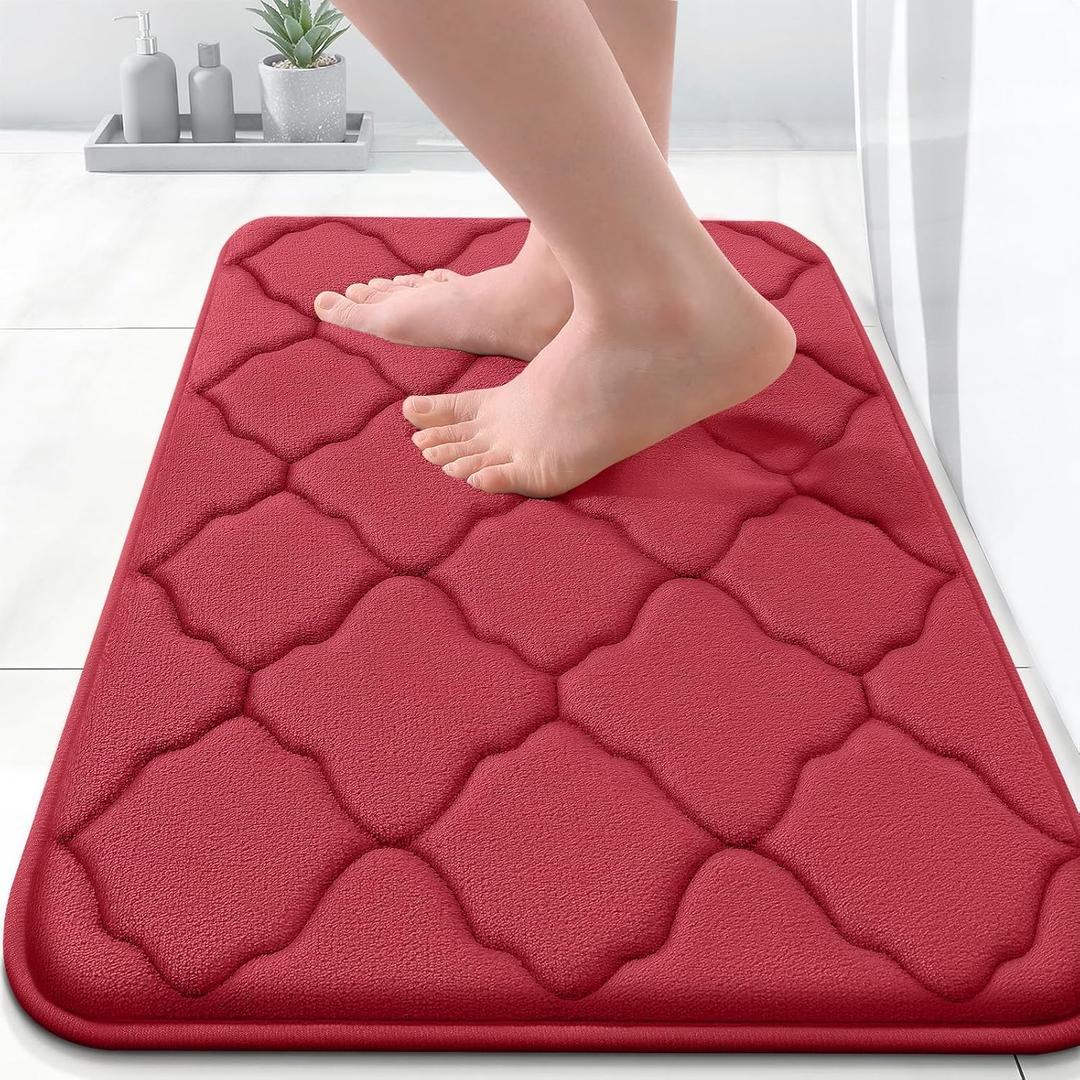 OLANLY Memory Foam Bath Mat Rug 24x16, Ultra Soft and Absorbent Bathroom Rugs, Non-Slip, Comfortable, Machine Washable Bath Carpet for Bathroom Floor, Tub, Shower and Home Decor Accessories, Red