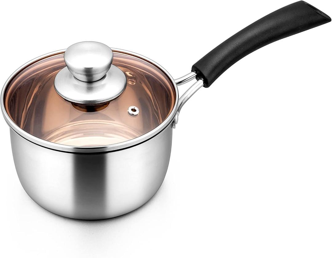 LIANYU 1QT Saucepan with Lid, 1 Quart Stainless Steel Saucepan, Small Pot Milk Soup Pan for Home Kitchen Restaurant, Long Heatproof Handle, Dishwasher Safe