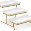 MALACASA 3 Tier Serving Trays for Party, 12 Inch Porcelain White Trays for Serving Food, Dessert Stand with Collapsible Gold Metal Rack