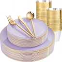 bUCLA 150PCS Purple Plastic Plates - Light Purple and Gold Disposable - Include 25 Each (Dinner & Dessert) lavender Plates, 25 Knives, 25 Forks, 25 Spoons & 25 Cups for Party, Birthday & Wedding