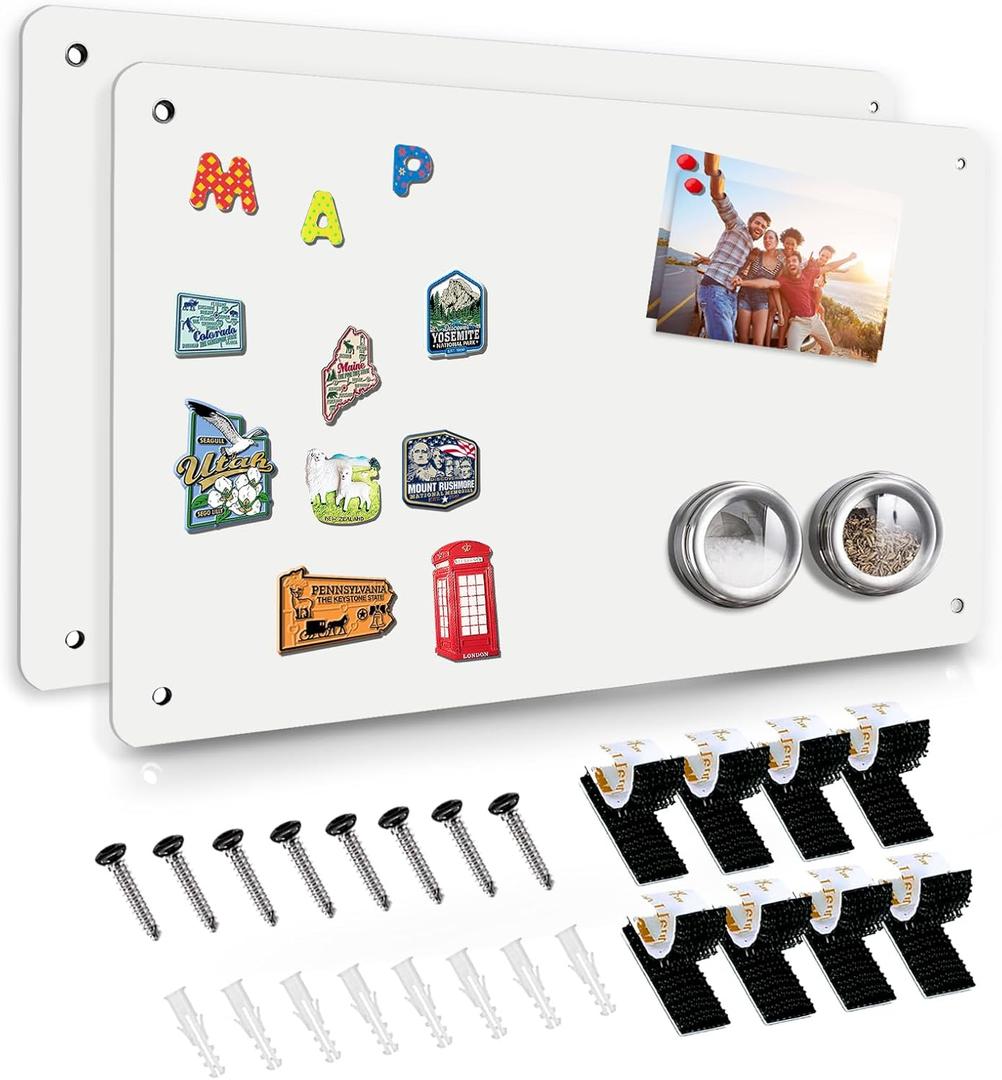 White 2Pack Magnetic Board,17.5" x 11.4" Magnet Bulletin Board to Display Magnetic Notes, Poetry, Photos, Suitable for Wall, Refrigerator, Cabinet etc, Come with 4 Pcs Dual Lock Tape and Screws