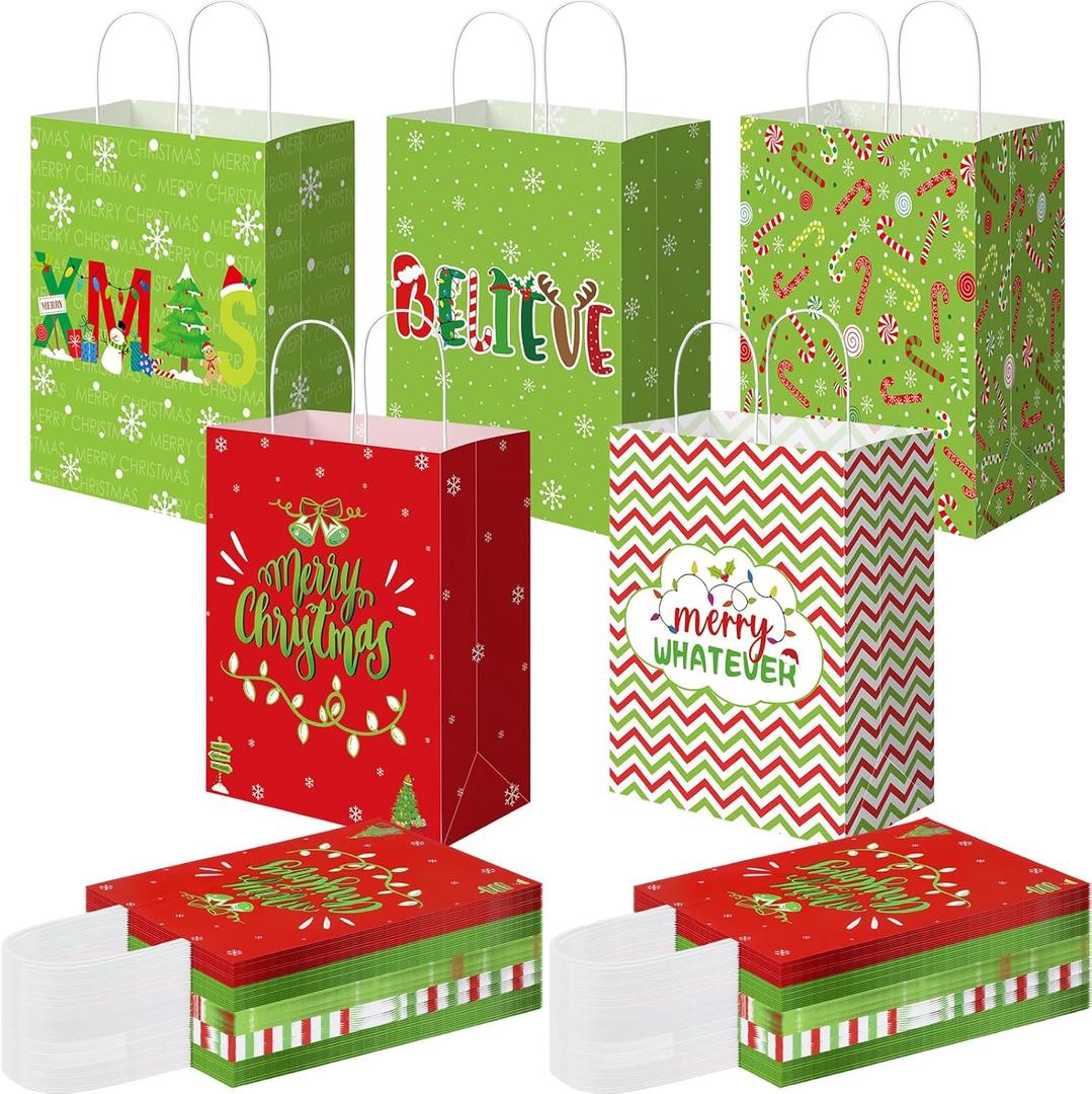 AmazingSpark 100 Pack Christmas Gift Bags Bulk Red and Green Kraft Santa Paper Bags with Handles for Holiday Party Favor Gifts Goody Wrapping
