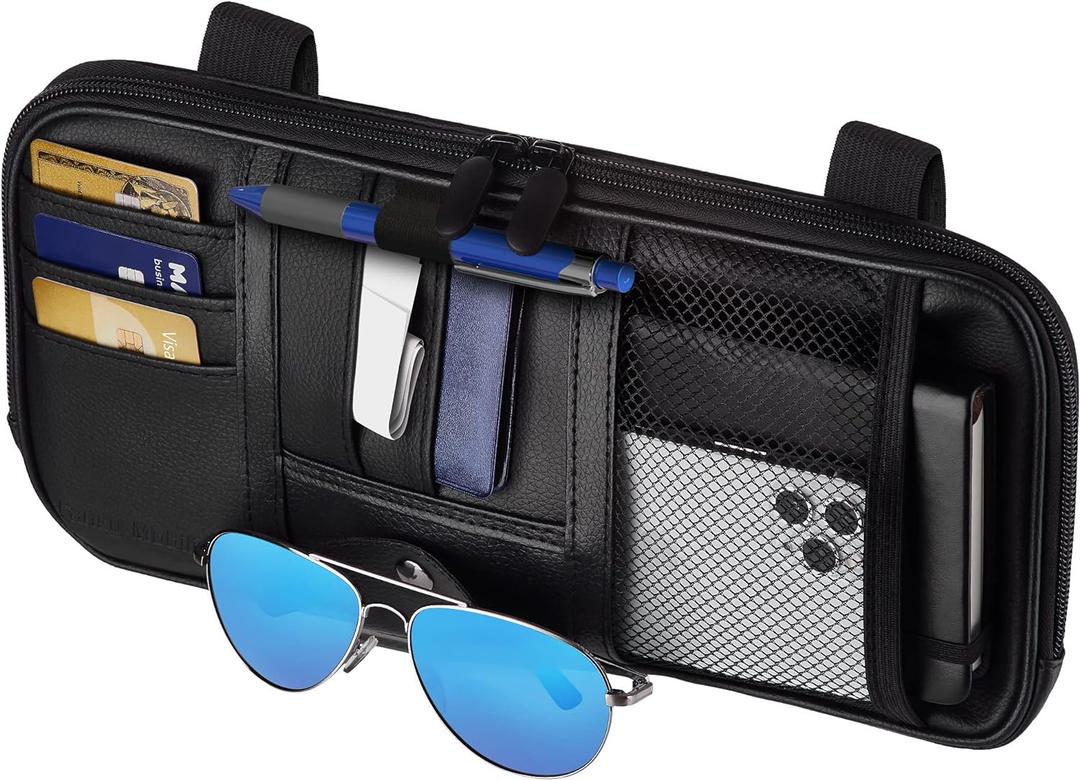 Car Sun Visor Organizer  Car, SUV, Truck Interior Accessories - Magnetic Glasses Holder & Full Length Horizontal Pockets, Allows Safe Driving - 12.2 X 6.1 In, Black