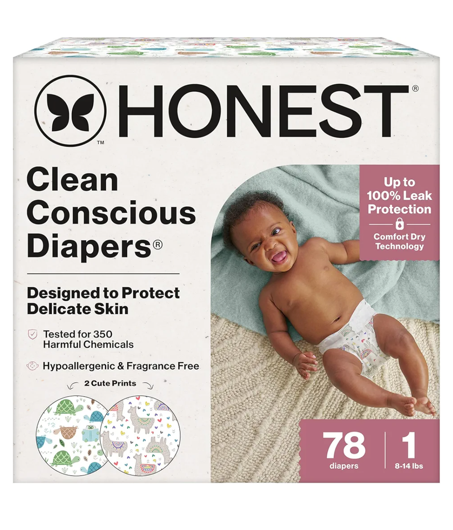 The Honest Company Comfort Dry Disposable Diapers for Sensitive Skin, Hypoallergenic, All The Alpacas + Turtle Time, Club Box Size 1 (814 lbs) 78 Count