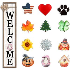 Surfapans Interchangeable Welcome Sign for Front Porch Standing 45"X9" Large with 12 Pcs Replaceable Icons Outdoor Decorations Frame Tall Vertical Outside Farmhouse Rustic Door Decor (Wood)
