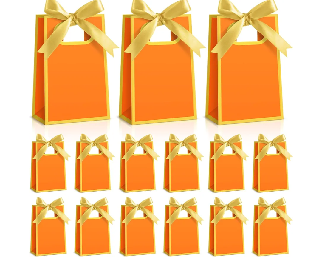 AmazingSpark 50 Pcs Orange Gold Mini Gift Bags Bulk 6.3 x 3.9 x 2.8 Inch Party Favors Elegant Small Gift Bags with Handles and Ribbon Bows for Wedding Birthday Bridal Baby Shower Party Favors
