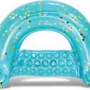 POZA Inflatable Pool Float Chair - Luxurious Lounger Filled with Sparkle Confetti, 2 Built in Cup Holders & Handles, Water Floating Chair for Beach, Lake & Swimming Pool - 48 x 38 Inch (Blue)