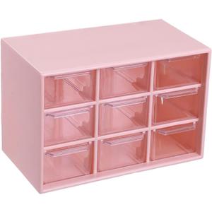 Mini Desktop Drawer Box 9 Compartments Plastic Desk Organizer Office Supplies and Jewelry Storage Box for Office, School, Cosmetic, Jewelry, Hair Clips, Small Parts, etc. (Pink)