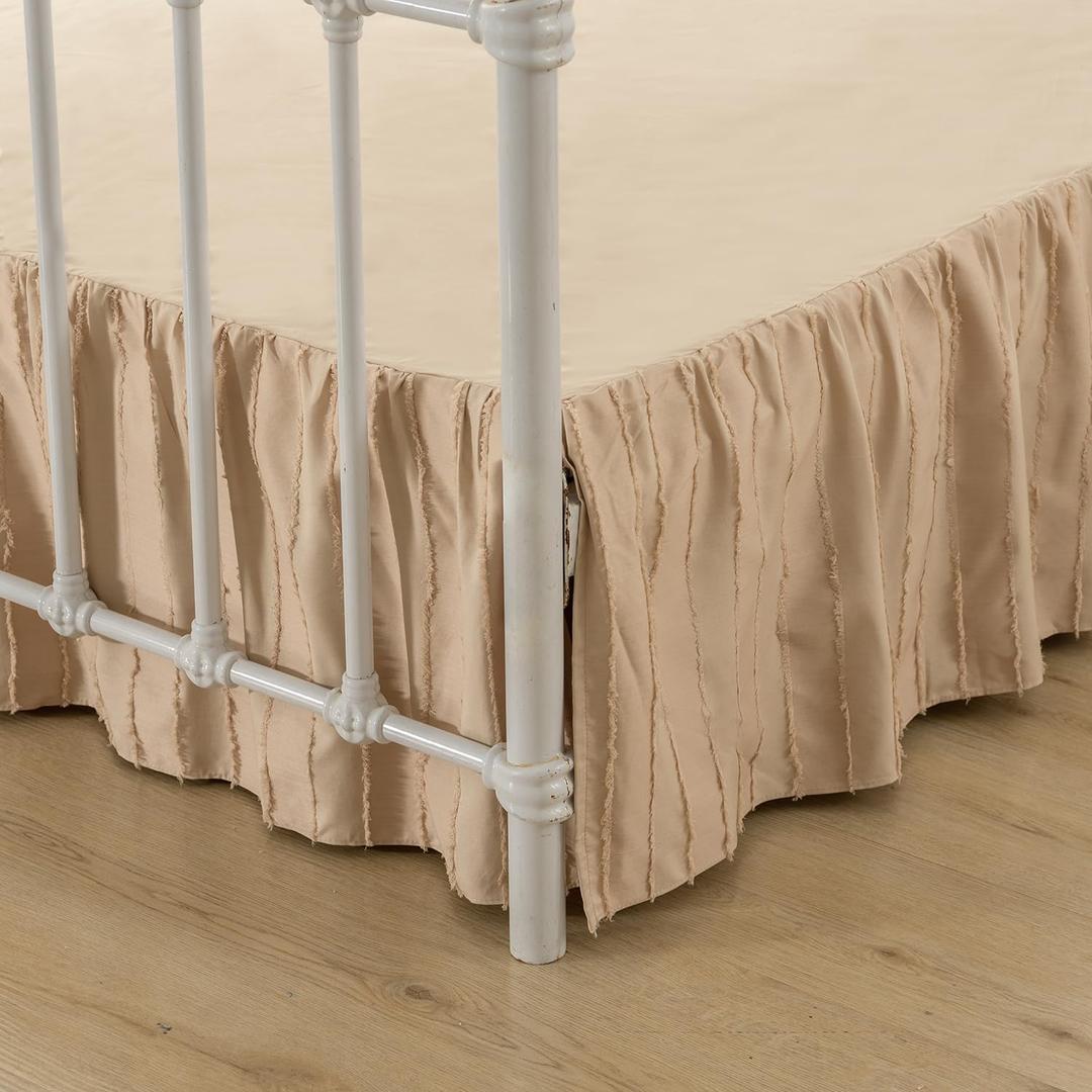 Bed Skirt Full Size, Ruffled Bed Skirts with Split Corners, 18 Inch Drop Striped Boho Full Size Dust Ruffle Bed Skirt with Platform, Light Camel, 18'' Full
