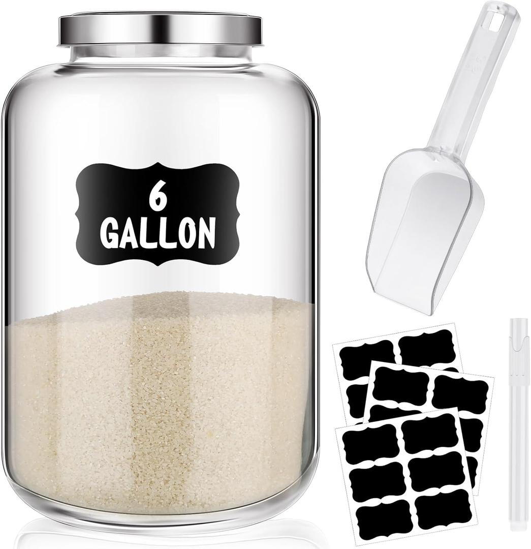 Hushee 6 Gallon Large Glass Jar with Metal Lid Wide Mouth Cookie Jars with Scoop Labels Marker Airtight Canning Canisters Heavy Duty Glass Food Storage Containers for Storing Flour Rice Sugar Nuts Hushee 6 Gallon Large Glass Jar with Metal Lid Wide Mouth Cookie Jars with Scoop Labels Marker Airtight Canning Canisters Heavy Duty Glass Food Storage Containers for Storing Flour Rice Sugar Nuts