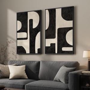 Large Framed Abstract Set of 2 Wall Art for Living Room, Neutral Black Beige Geometric Modern Canvas Artwork for Walls, Minimalist Painting Print Wall Decor Bedroom Hallway Home Office, 24x36 Inch