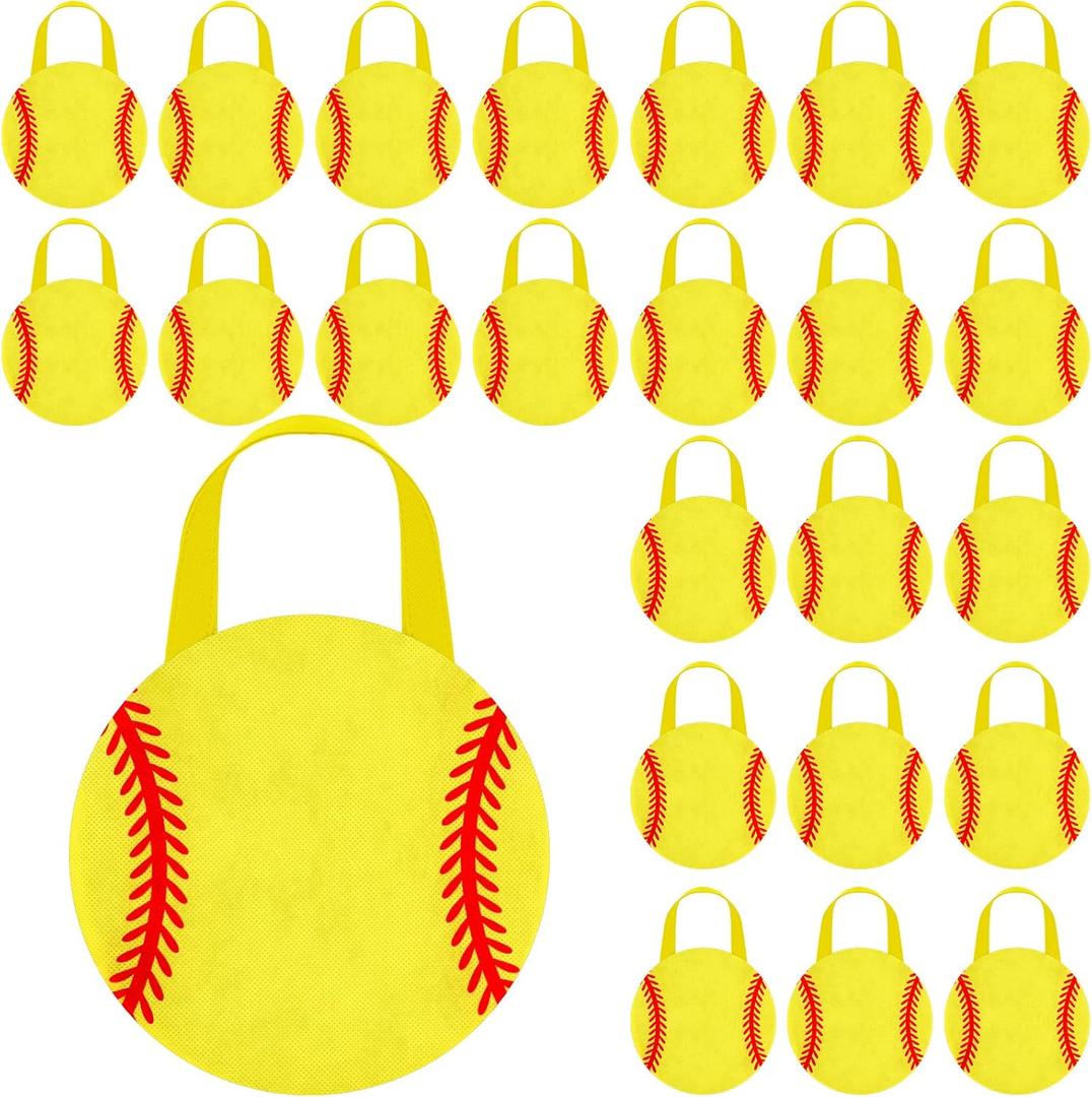 Shihanee 24 Pcs Softball Party Favor Bags Ball Themed Party Goodie Candy Bags Sport Game Treat Handbags Softball Non Woven Gift Handbags for Sport Theme Supplies