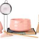 Japanese Matcha Whisk Set - 7-Piece Kit Bamboo Chasen, Ceramic Bowl with Spout, Stainless Steel Sifter & Holder Pink