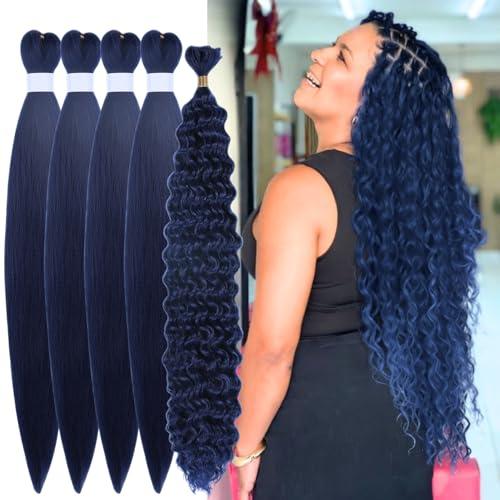 ITSBRAIDS Bohemian Boho Dark Blue Braiding Hair Pre Stretched Hypoallergenic Curly Deep Wave Synthetic Knotless EZ Braid Fulani Braids, 4 Pieces