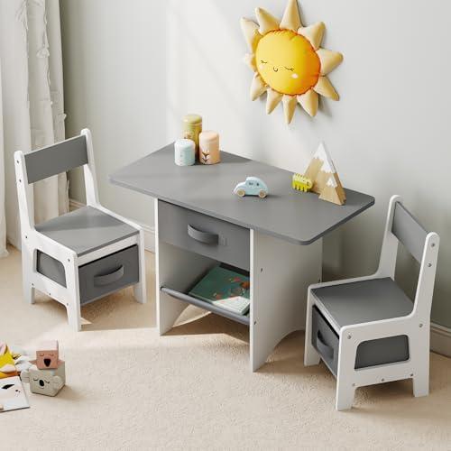 Amazon.com: HOOBRO Toddler Table and Chair Set, 3 in 1 Wooden Kids Table and Chair Set, 3 Fabric Drawers and 2 Chairs with Storage, for Kids Gift, for Home, Playroom, White and Gray WG01KT01 : Home & Kitchen