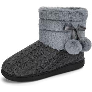 Knit Slipper Boots Women Plush Lining Memory Foam Indoor Outdoor House Shoes with Pom-Pom (7.5-8, Grey)