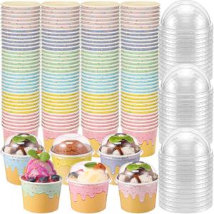 Jingmore 120 Pack 4 oz Ice Cream Paper Cups with Lids Disposable Ice Cream Bowls Paper Treat Dessert Cups 5 Colors Cake Snack Container for Hot or Cold Food Soup Yogurt Birthday Summer Party Supplies
