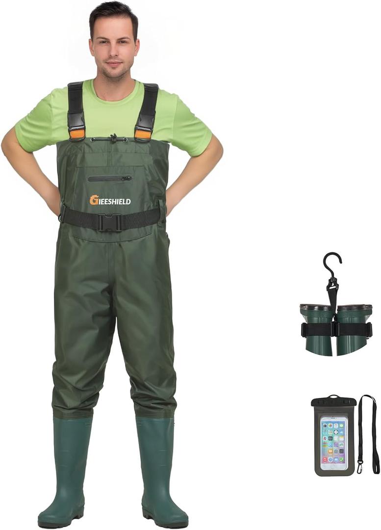 Gieeshield Chest Waders with Boots Waterproof Lightweight 2-Ply Nylon/PVC for Men & Women Fishing & Hunting (M7/W9, Green)