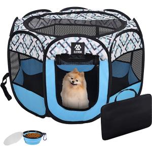 ELEVON Portable Pet Playpen, Dog Playpen Outdoor Tent Kennel, Water-Resistant Cat Kitten Playpen with Carrying Case Collapsible Travel Bowl, Foldable Puppy Playpen Crate with Removable Shade Cover