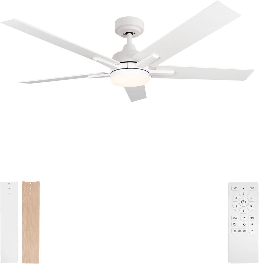 Ceiling Fans with Lights, 52 inch White Ceiling Fan with Light and Remote Control, Reversible, 3CCT, Dimmable, Noiseless, Small Ceiling Fan for Bedroom, Kidsroom, Indoor/Outdoor Use
