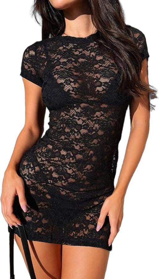 acelyn Women’s Sexy Floral Lace Bodycon Mini Dress Long Sleeve Mock Neck Cocktail Party Birthday Club Dress, Medium