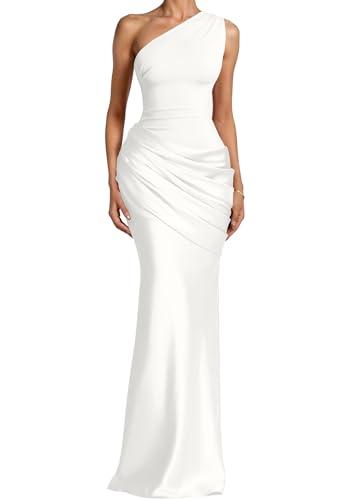Memoriesea Women's Sexy One Shoulder Asymmetrical Pleated Formal Evening Gown Maxi Dress White, M