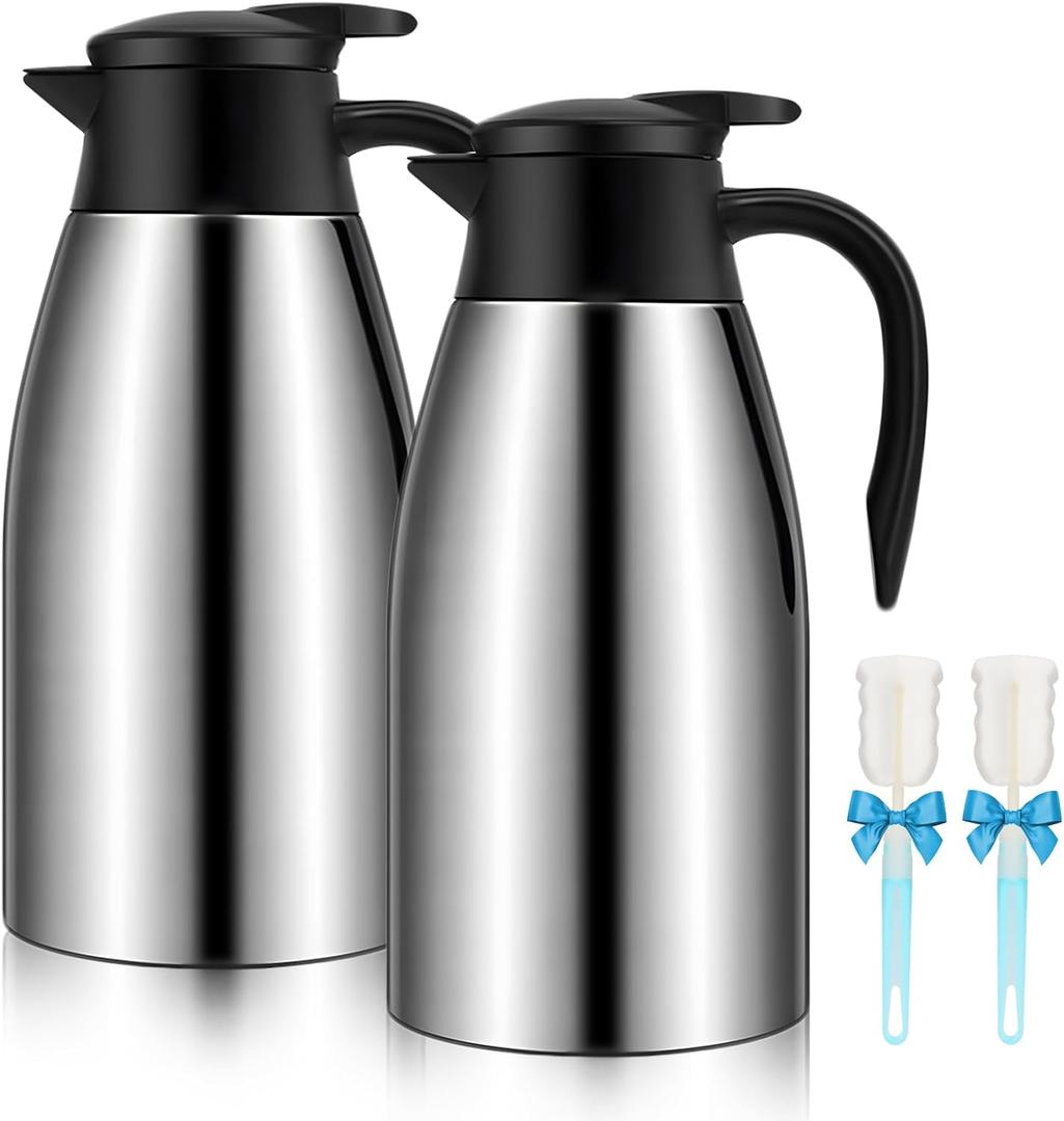 68oz Thermal Coffee Carafe, 2 Pack Airpot Insulated Coffee Urns Stainless Steel Vacuum Thermal Pot Dispenser for Coffee, Hot Water, Tea, Hot Beverage - Keep 12 Hours Hot, 24 Hours Cold (Silver)
