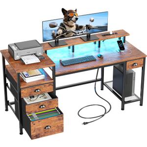 Furologee 60" Computer Desk with File Cabinet and Storage Shelves, Reversible Home Office Desk with LED Lights, Full Monitor Stand, Power Outlets, Study Gaming Table with 4 Drawers, Rustic Brown