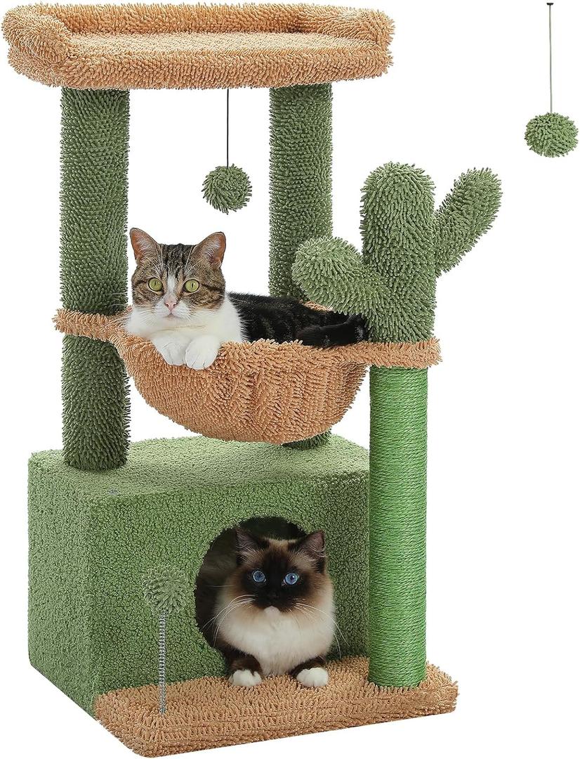 PEQULTI 4-in-1 Cactus Cat Tree, 33'' Cat Tower for Indoor Cats with Large Condo, Cat Scratching Post for Cats with Deep Hammock& Cozy Top Perch,Green