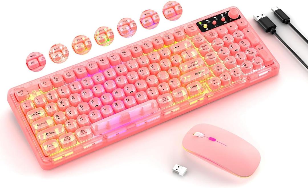Pink Light Up Keyboard and Mouse Wireless,Cute 2.4Ghz Cordless Rechargeable Transparent Clear Backlit Keyboard,15 Backlight Effects,Volume Knob,RGB Mouse with 3 DPI for Mac Computer PC Laptop Desktop