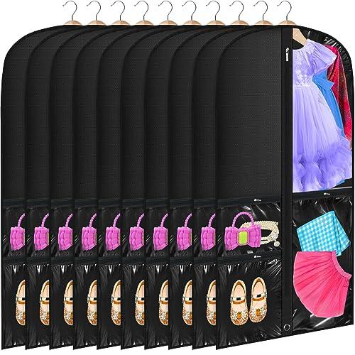 Windyun 10 Pack Garment Bags for Dance Costumes Kids 40 Inch Clothing Bags Hanging Clothes with 3 Clear Zipper Pocket Waterproof Garment Cover for Dance Competition, Travel, Closet Storage(Black)