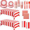 154 Pcs Carnival Table Party Supplies Set Red and White Stripe Tablecloth Disposable Circus Plates, Napkins, Cups, Forks, Spoon, Knifes for Carnival Halloween Birthday Party Decorations