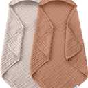 SWEET DOLPHIN Muslin Hooded Baby Bath Towels - 2 Pack 100% Cotton Towel for Babies, Infants, Toddlers - 32x32Inch - Highly Absorbent and Newborn Essential, Light Bean Paste