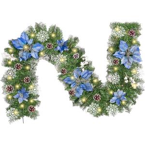 Pre-Lit 6FT Christmas Garland with Blue Flower LED Lights Pine Cones Berry Clusters Pine Needles Decorated Xmas Garland Decoration for Front Door Fireplace Table Centerpiece Home Holiday Supplies