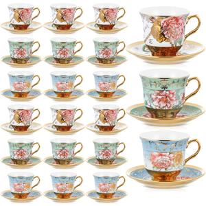 Set of 18 Tea Cups and Saucers Tea Party Decorations Floral Porcelain 5.4 oz British Gift for Women Birthday Party, Church, and Mother's Day (Classic Style)