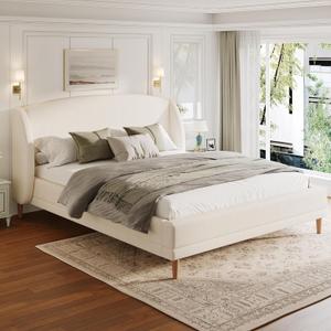 Merax King Size Upholstered Platform Bed, Boucle Fabric and Wingback Headboard, Rounded Corners, White