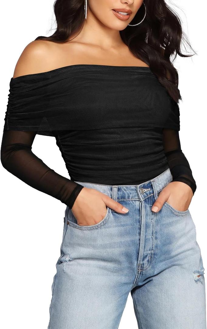 SAUNGKUAI Women's Off The Shoulder Long Sleeve Bodysuit Sexy Slimming Body Suit Tops Sheer Mesh Ruched Fall Outfits 2025 (Large, Black)