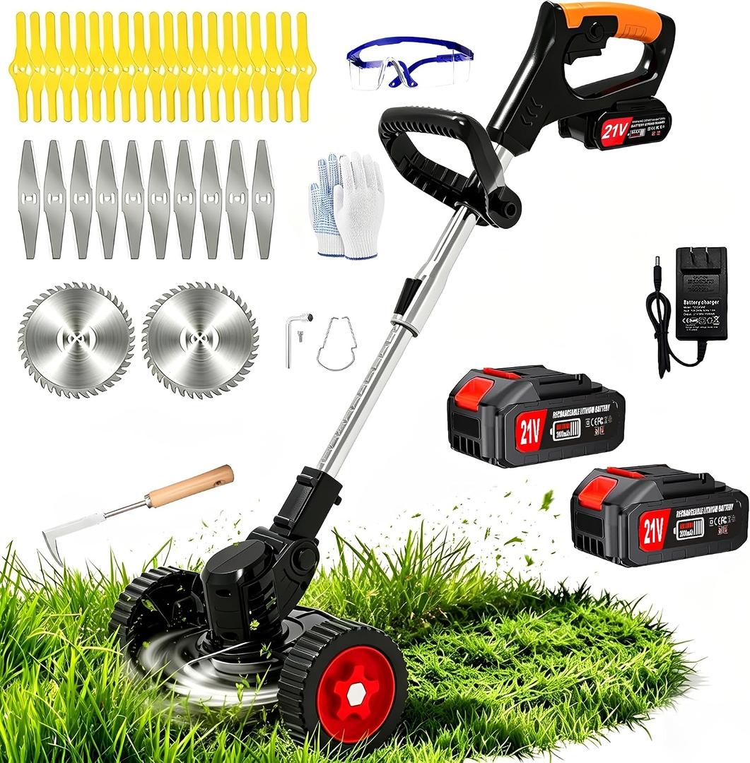 Cordless Weed Wacker Electric Weed Eater Battery Powered Lightweight Edger Portable Stringless Weed Trimmer,3-in-1 Grass Trimmer/Lawn Mower/Brush Cutter,with 3 Types Blades &Wheels for Yard and Garden