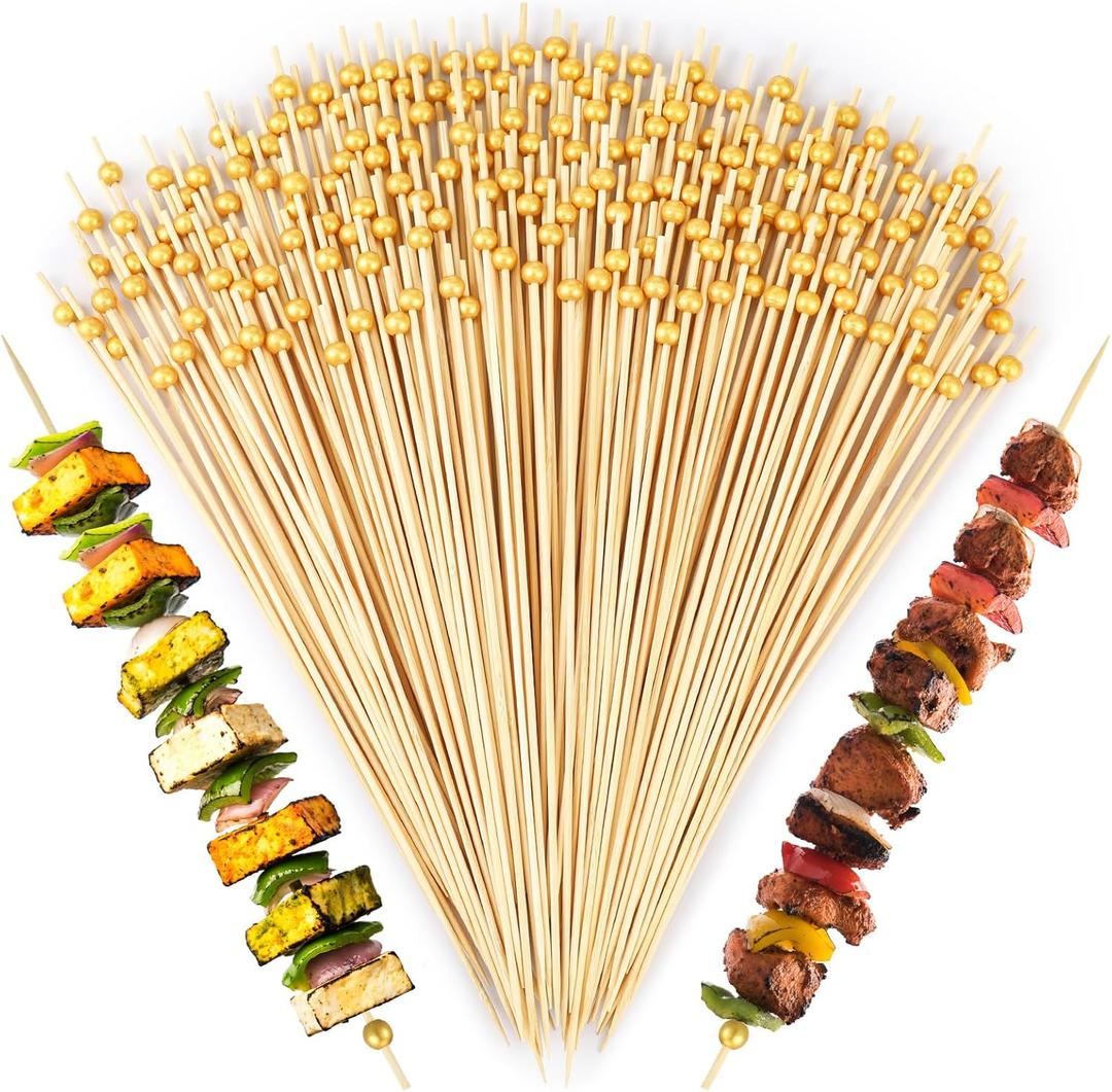 100 Pcs 12 Inch Long Cocktail Picks Fancy Toothpicks for Appetizer Bamboo Cocktail Sticks for Fruit Drink Dessert Barbecue Charcuterie Pearl Skewers for Wedding Birthday Baby Shower Party (Gold)