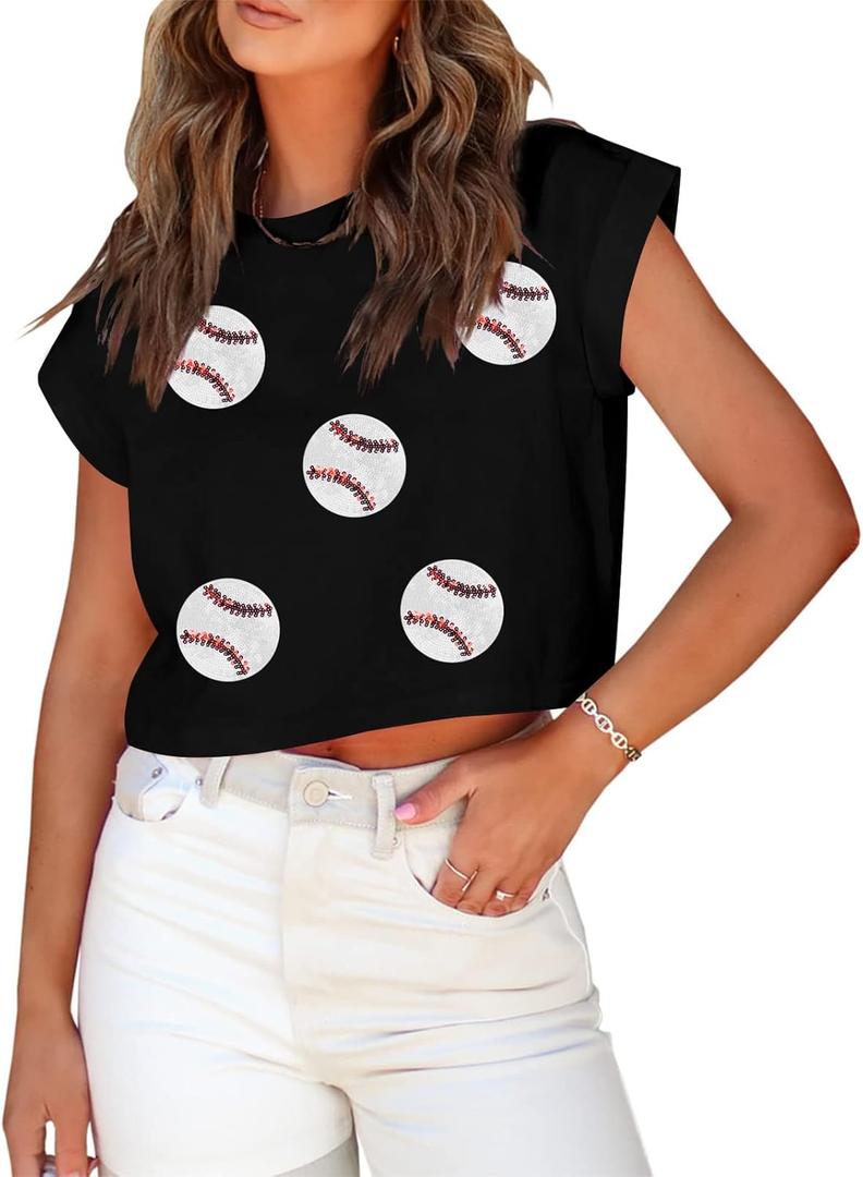 Baseball Shirts Women Baseball Mom Shirt Sparkle Baseball Sequin Graphic Tee Game Day Gift Casual Short Sleeve Crop Tops (Medium, Black)