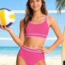Girls Swimsuit Two Piece High Waisted Athletic Swim Suits Fashion Piping Girls Bikini Bathing Suit Set 9-16 Years (Pink, S)