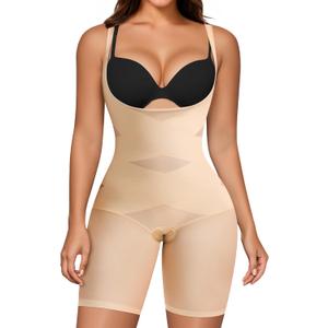 Nebility Tummy Control Shapewear Bodysuits Open Bust Full Body Shapewear Seamless Faja Body Shaper (Medium, Beige)