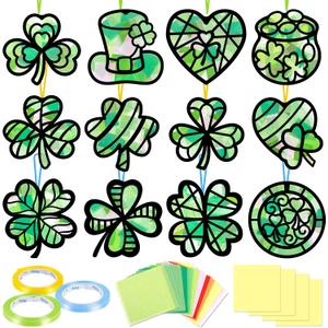 Renbuzhu 40PCS St. Patricks Day Crafts Bulk: Paper Shamrock Suncatchers, Saint Patrick's DIY Kits, Window Stained Glass Effect Art Supplies