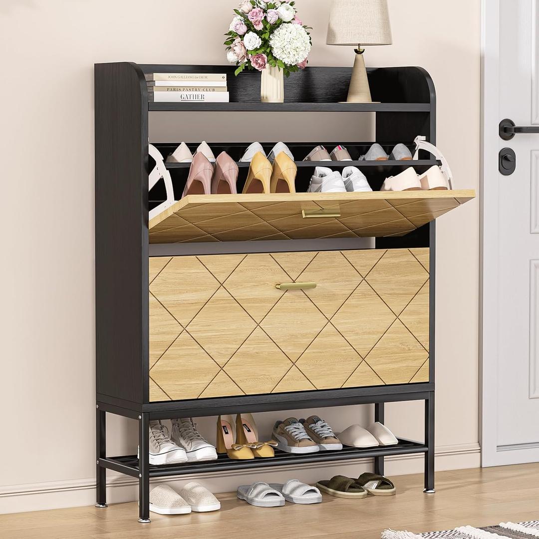 VTRIN Shoe Cabinet for Entryway Shoe Storage Cabinet with 2 Flip Drawers, Sturdy Wooden Boot Organizer Narrow Sneaker Rack for Front Door Entrance, Hallway, Small Space, Black