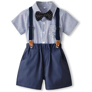 Boarnseorl Baby Boys Gentleman Outfits Shorts Sets,Infant Shirt + Shorts + Bow Tie + Suspenders (3-4T, White+blue)