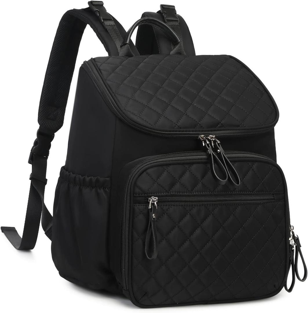 Large Capacity Diaper Bag Backpack with Stroller Buckle, Water-Resistant Travel Baby Bag with Insulated Pockets (Nylon, Black)